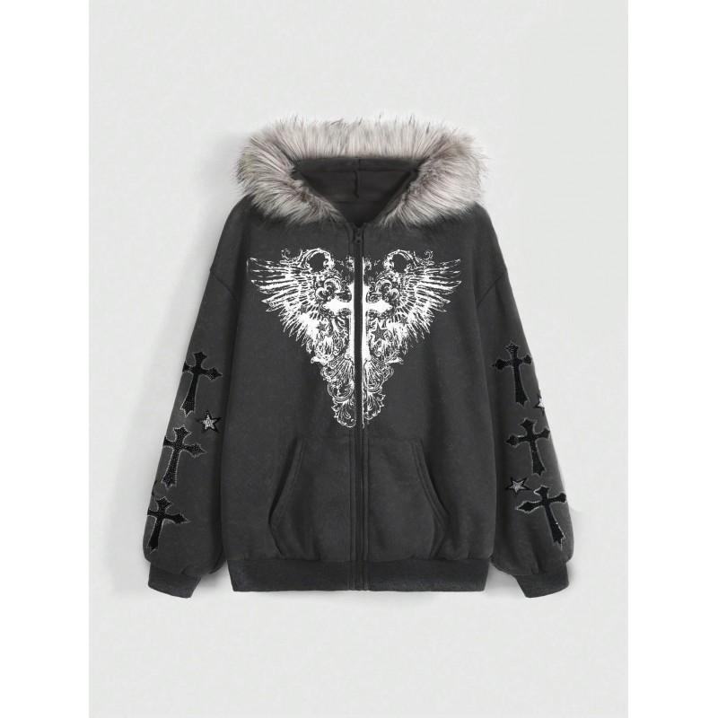 Womens Gothic Style Hooded Zip-Up Sweatshirt With Cross Wing Print Fleece Lined Collar Fall Winter Streetwear