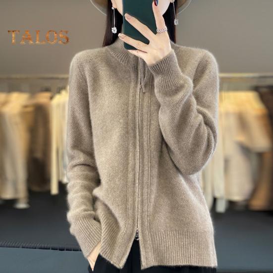 Women Knitted Sweater Coat High Collar Long Sleeve Double Zipper Placket Autumn Winter Solid Color Knitwear