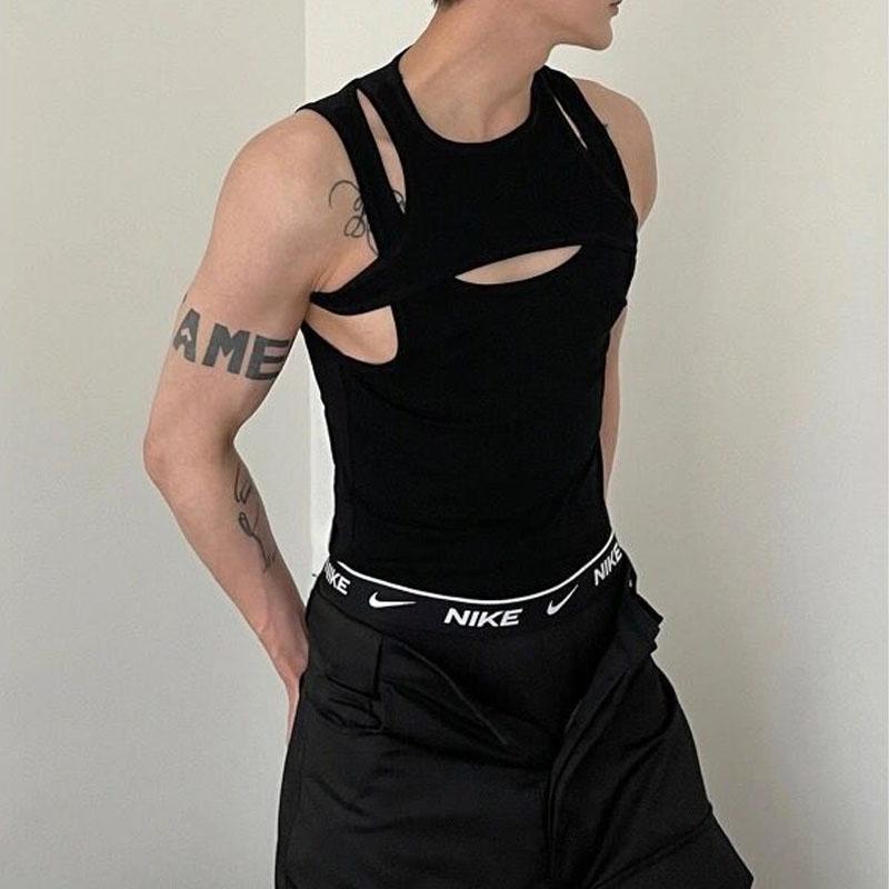 American Style New Tops Sexy Hollow Fake Two Pieces Men's Clothing Summer Hollow Out Fashion Slim Bodybuilding Tank Tops
