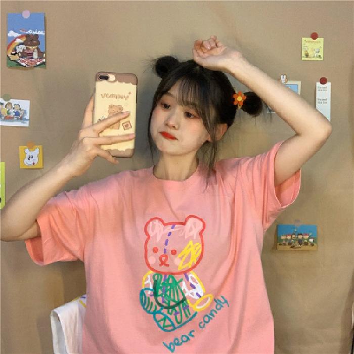 Pink Bear Short-sleeved T-shirt Women's Summer New Clothes Student Korean Version Loose Half-sleeved Top Ins Tide