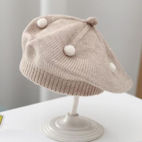 French Style Beret Hat Plush Ball Decor Baby Beret Hat with Anti-Slip Design Elastic Fit Warm Knitting Hat Autumn Winter Headwear