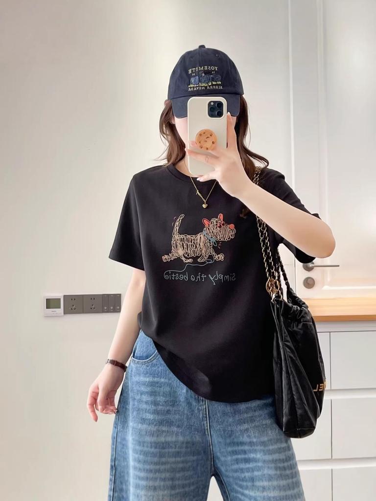 Korean Cute Graffiti Puppy Print Plus Size Women's Round Neck T-Shirt, Short Sleeve, Loose Fit