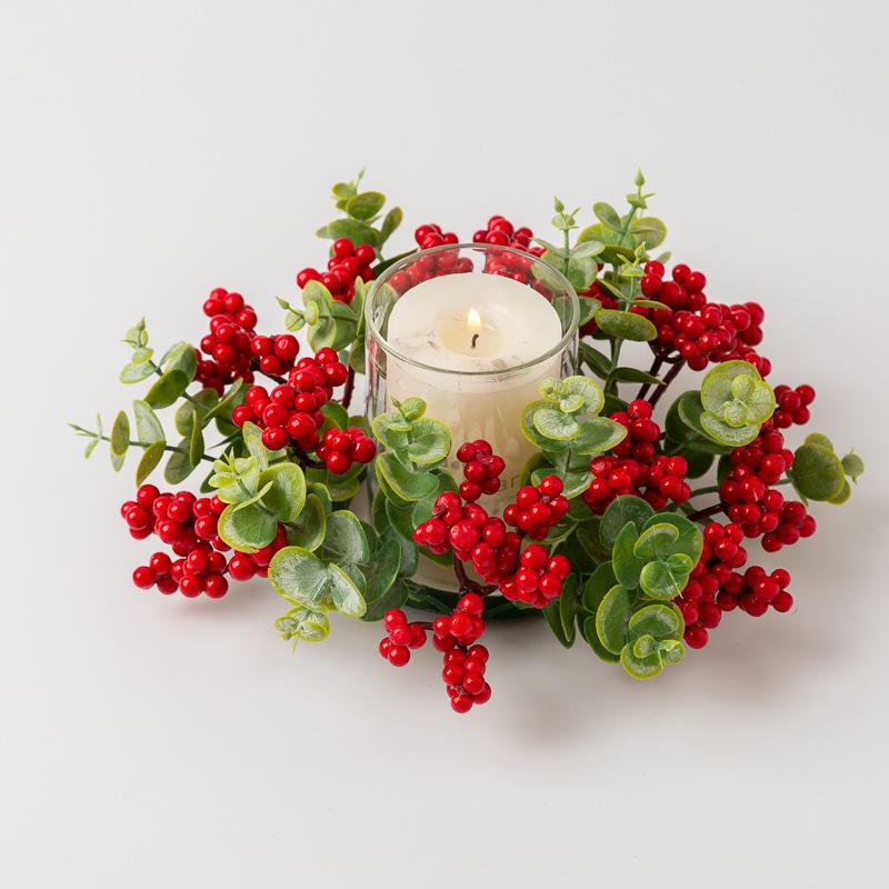 Eucalyptus Christmas Wreath Candle Ring Berry Candle Decorative Table Setting Accessories Candle Holder Wreath