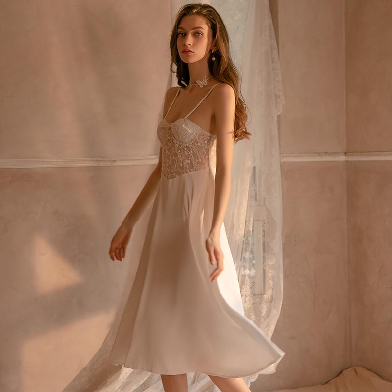 Sexy Lace Perspective Long Satin Suspender Nightdress Home Clothes Fun Suit