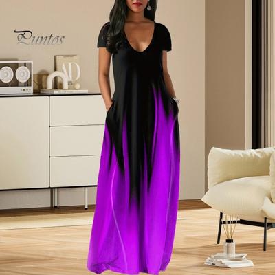 Rochie maxi pentru femei, cu buzunare, decolteu in V, maneci scurte, gradient, culori contrastante, rochie a-line, lungime intreaga, pentru petreceri de zi cu zi.