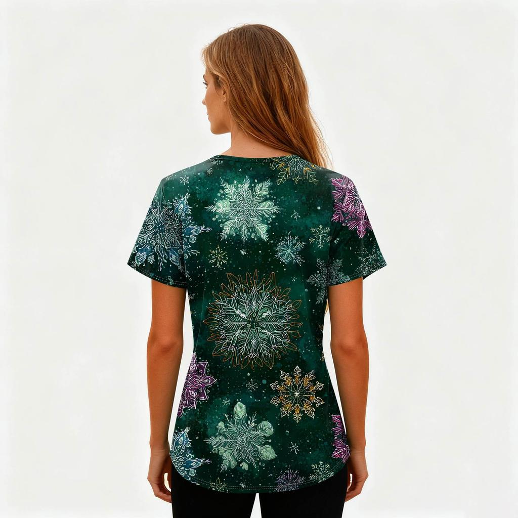Ladies' Fashionable V-neck Pocket Short Sleeved Christmas Tree Printed Caregiver Shirt