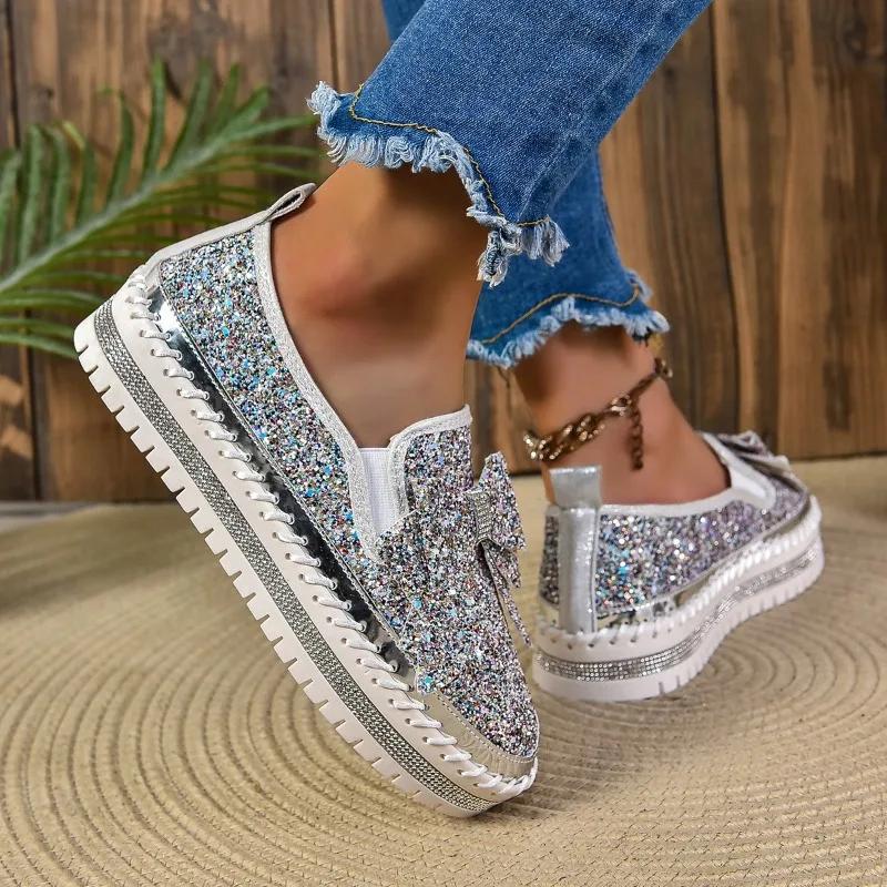 2024 New Versatile Women's Shoes Solid Color Bow Decorated with Rhinestones Round Toe Thick Sole Shallow Mouth Women's Shoes