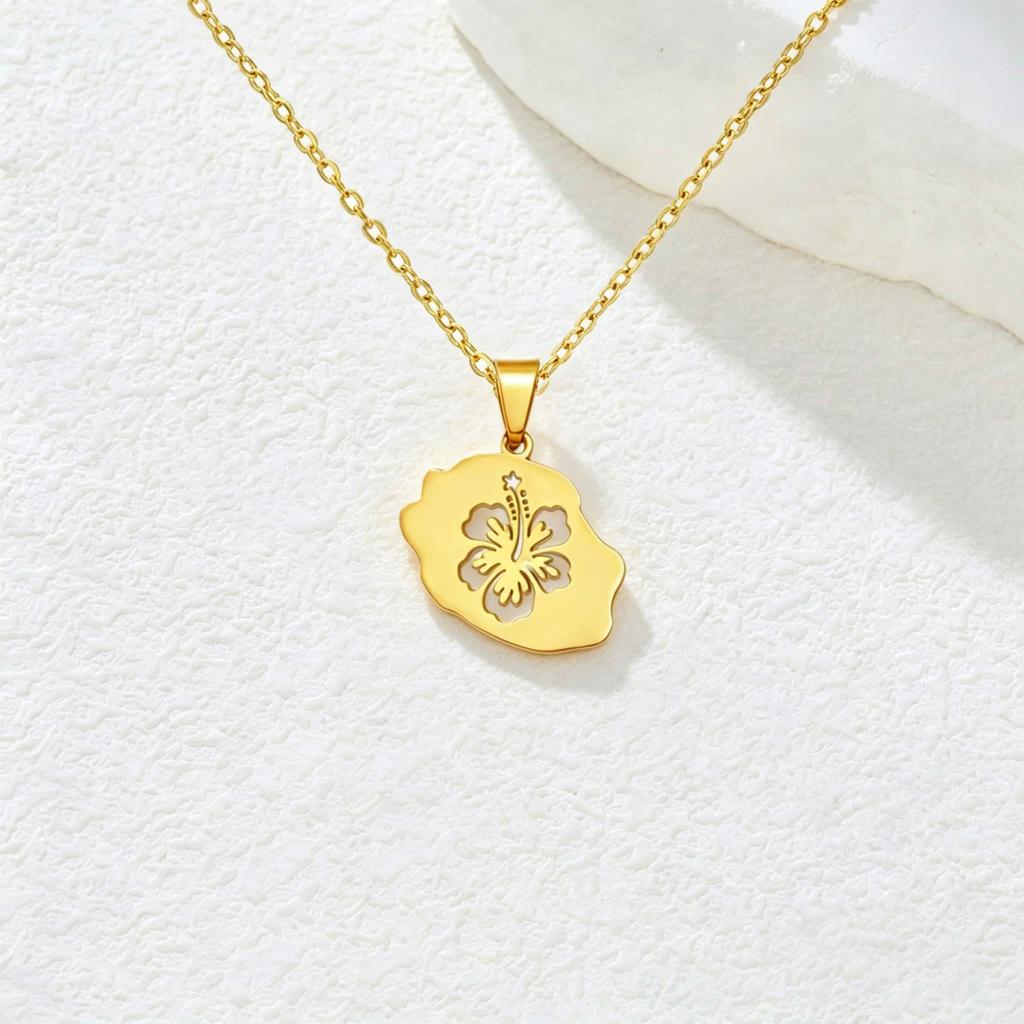 Reunion Map Outline Necklace Hibiscus Guadeloupe Martinique Pendant Necklaces Stainless Steel Guyane Map Necklace For Women
