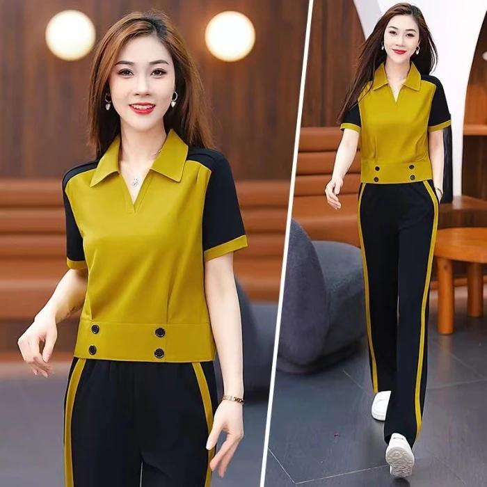 Conjunto de Ropa Deportiva Casual de Verano para Mujer Diseño Envejecido Solapa Top de Manga Corta + Pantalones Conjunto de Dos Piezas