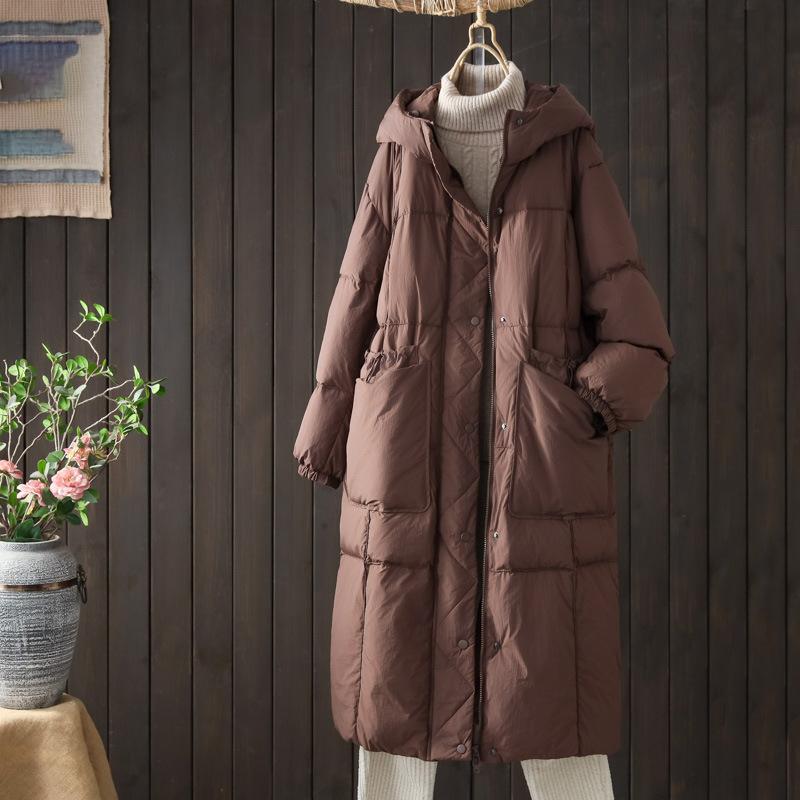 Women White Duck Down Long Jacket Casual Loose Autumn Winter Outwear Hood Warm Coat Big Pockets Korean Style