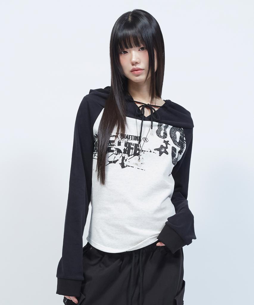 LMR Off-Shoulder Lettering Graphic Hoodie Long Sleeve T-Shirt Oatmeal