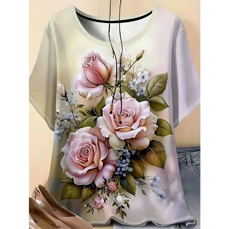 Fashion Women's Crew Neck T-Shirt 3D Flower Color Printing Flower Short Sleeve Comfortable Short Sleeve