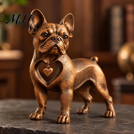 Resin Dog Sculpture Vintage Bronze French Bulldog Figurine, Standing Frenchie Statue with Heart Pendant, Pet Lover Gift Desktop Ornament for