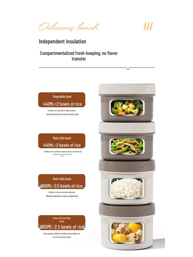 304 Stainless Steel Insulated Japanese-Style Bento Lunch Box - Microwaveable for Office Workers and Students