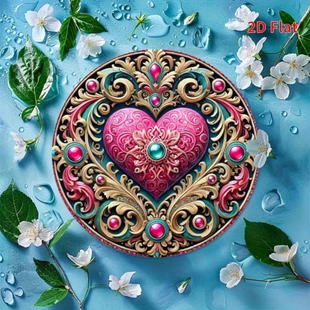 2D Flat Metal Tin Sign Valentine's Day Decor Happy Valentine's Day with Floral Wreath Pink Hearts Golden Swirls Durable Iron Wall Art Home Living Room