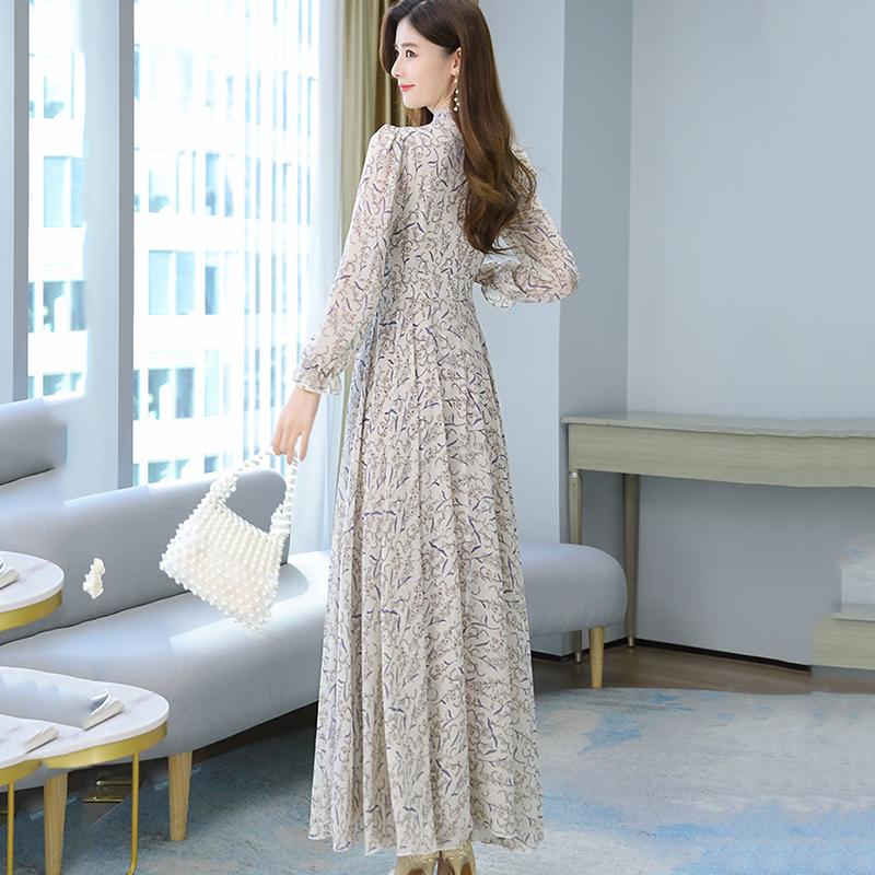 Chiffon-Langarmkleid, Frühling und Herbst, Blumen-Chiffon, Super-Fee-Taille, Strandkleid, langer Rock, Stoff, leicht, atmungsaktiv