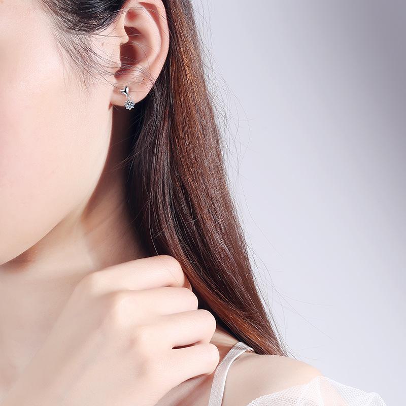 925 Silver Earrings Female Mossan Stone Simple Heart Earrings Plated Pt950 Gold