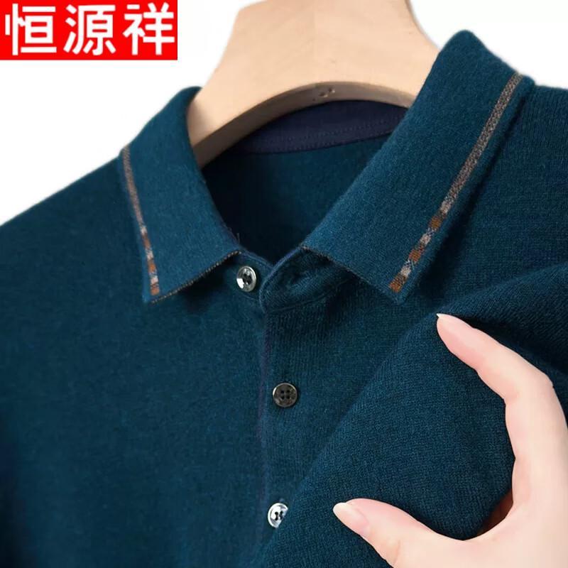 Hengyuanxiang Men's Pure Wool Knit Long-Sleeve Polo Sweater