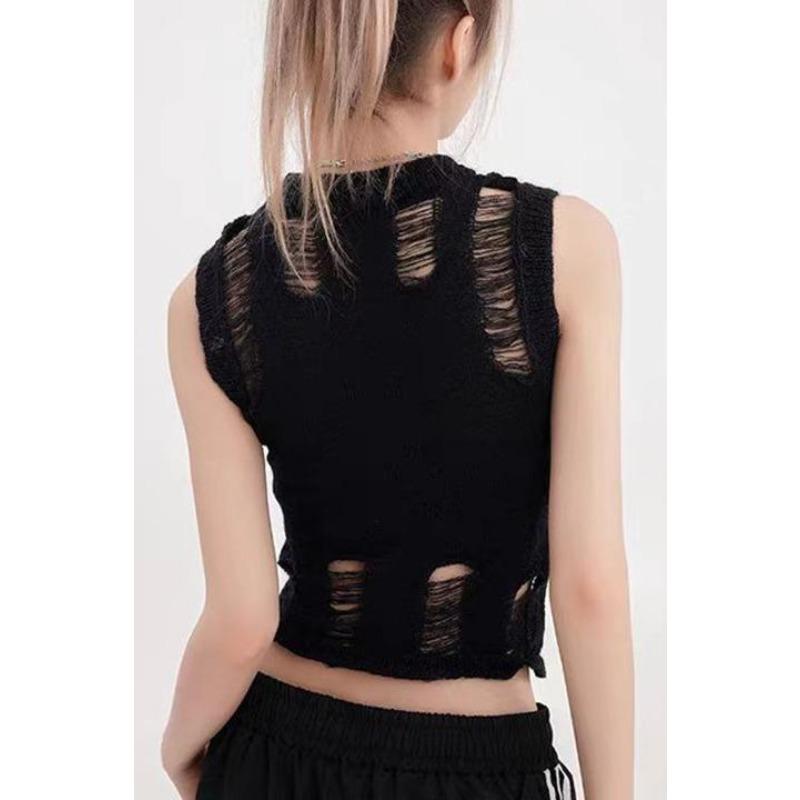 Fashion Sleeveless Sexy Women Ripped Design Shirt O-neck Loose Casual Hollow Out New Casual O Neck Vest Slim Fit Knitted Hole Star TopsY2k Tank Top