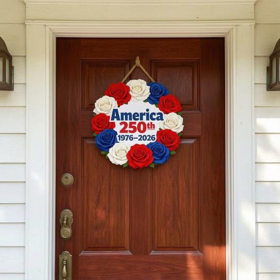 Wooden 4th of July Door Sign for Front Door, Red White Blue Patriotic Hanging Wreath for Independence Day, 250th Anniversary, Home Porch Wall Indoor