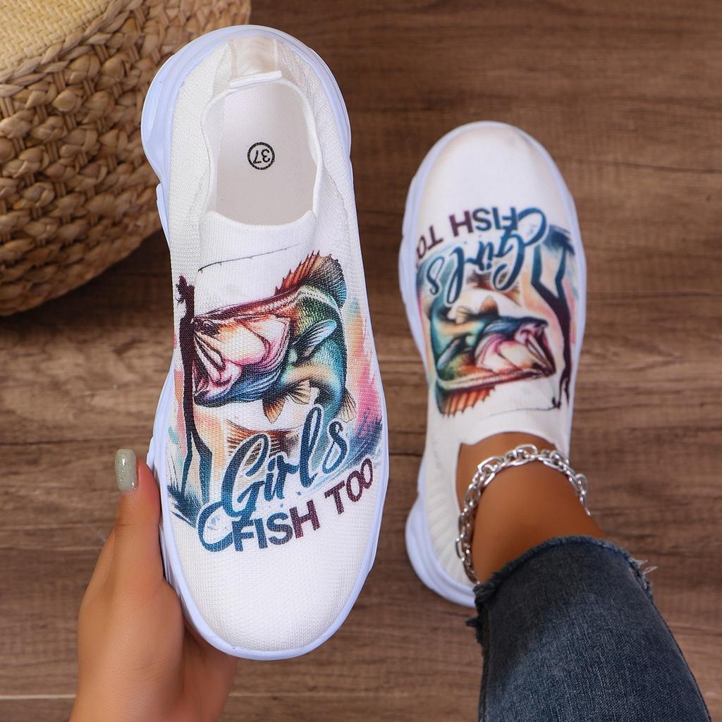 Letters Floral Print Platform Sneakers for Women Knitting Casual Sports Shoes Woman Non Slip Breathable Running Shoes
