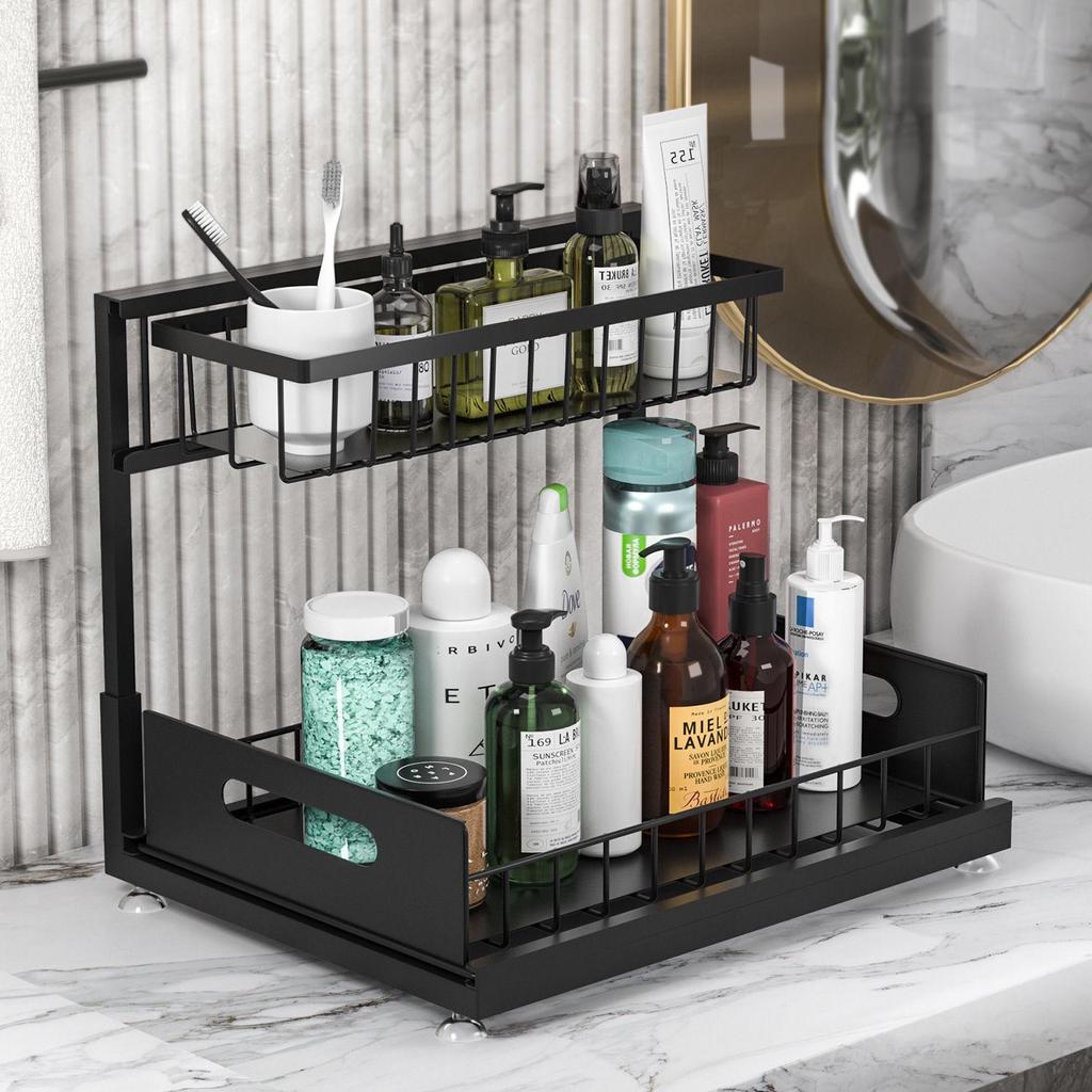 Under-Sink Pull-Out Storage Rack for Kitchen Cabinets - Layered Basket for Spices, Bowls, and Dishes