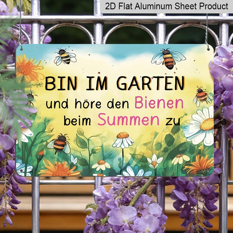 2D Flat, 1pc "Listening To Bees Buzzing in The Garden" Aluminium Sign 8x12 Inch - German Garden Quote, Watercolor Bee & Floral Design, Whimsical