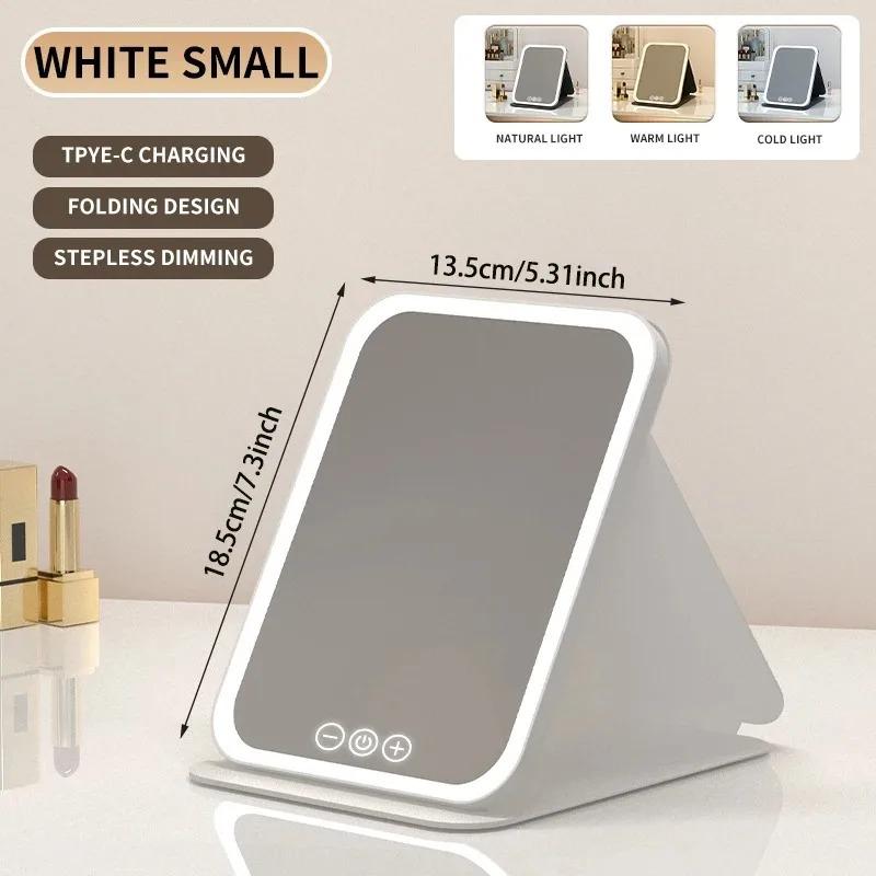Portable 3 Colors LED Makeup Mirror Pocket Mirror USB Rechargeable Touch Control 3 Brightness Dimmable for Daily Travel Gift
