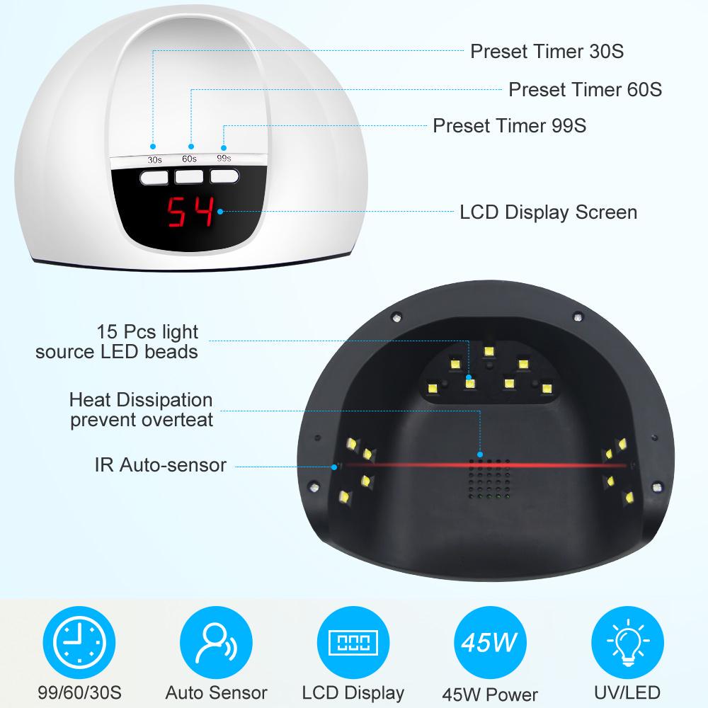45W 15 LEDS UV Nail Polish Dryer Lamp Gel USB Acrylic Curing Light For Nail Machine Curing Lamp With Timer 30s/60s/99s Setting Women Gift