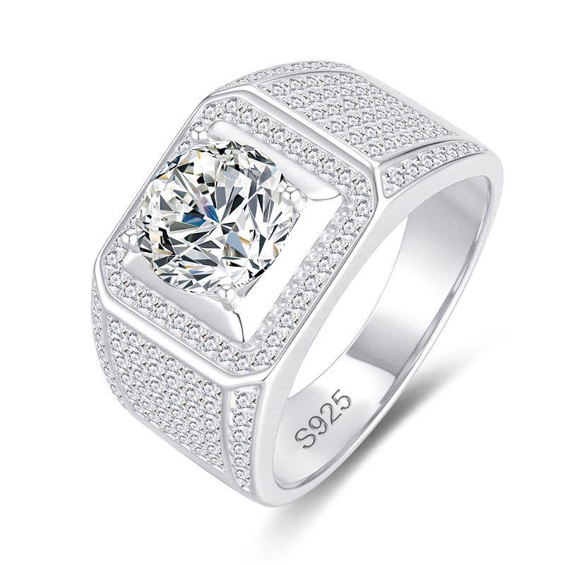 S925 Sterling Silver Moissanite Men s Large Star-Patterned Fashion Ring - 2 Carat Luxury Size 8