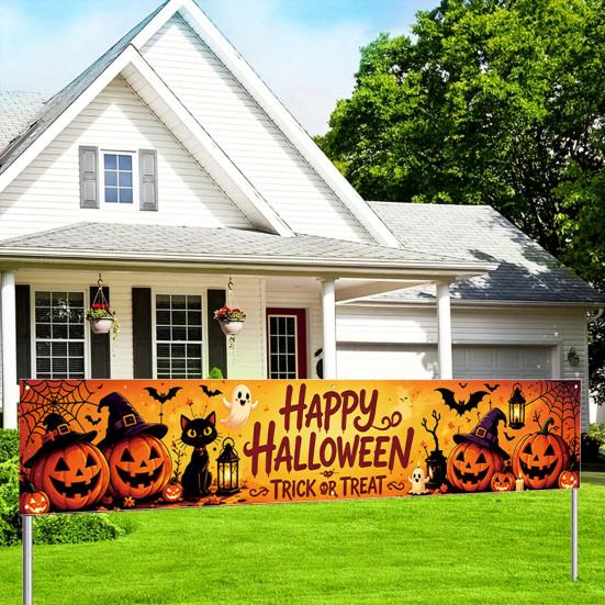 Outdoor Hanging Banners Halloween Fence Banner, 118 x 20 Inch Large Yard Sign Banner Flag, Scary Trick or Treat Party Decor Backdrop Decoration