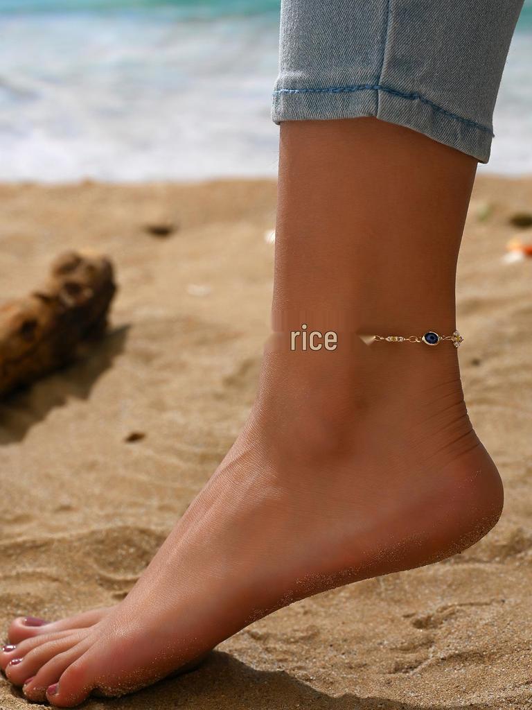 Blízkovýchodní retro náramek na kotník se zlým okem s barevnými smaltovanými květy a přívěskem ve tvaru dlaně