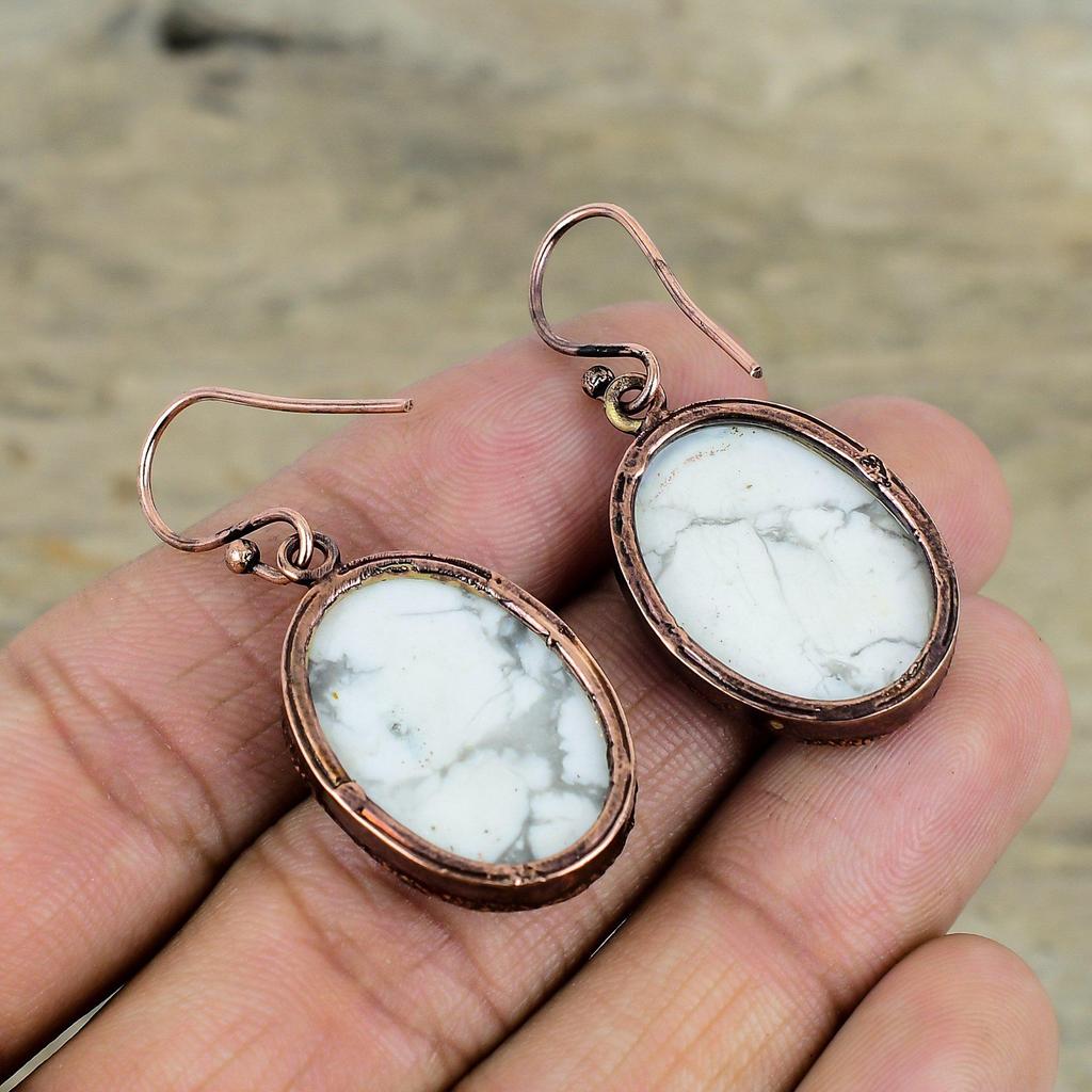 Howlith Ohrringe Elektrogeformte Kupfer Ohrringe Designer Schmuck Handgemacht Tropfen Ohrringe Edelstein Kupfer Schmuck Erstaunliche Ohrringe Geschenke für Mama