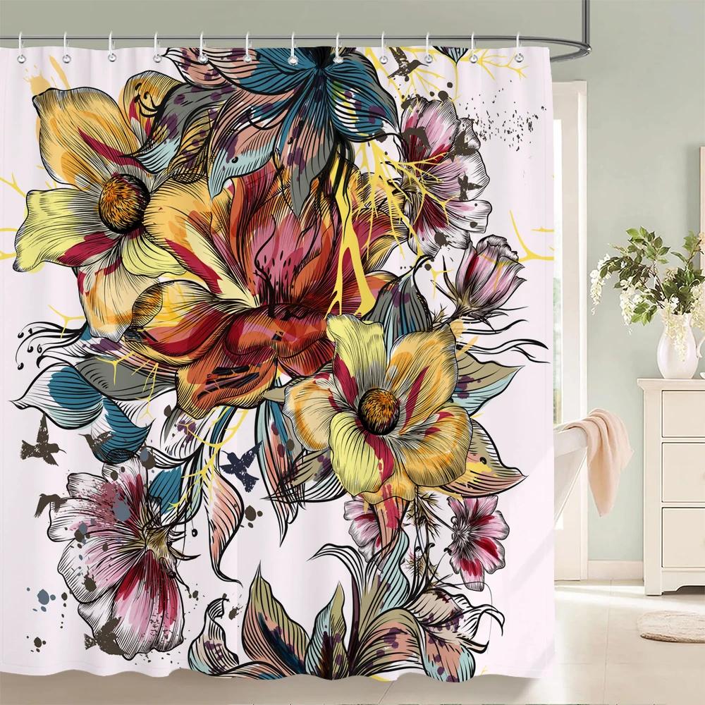 Tenda da bagno 3D con stampa di bellissimi fiori europei, tenda da doccia impermeabile in poliestere, tenda decorativa per la casa con ganci
