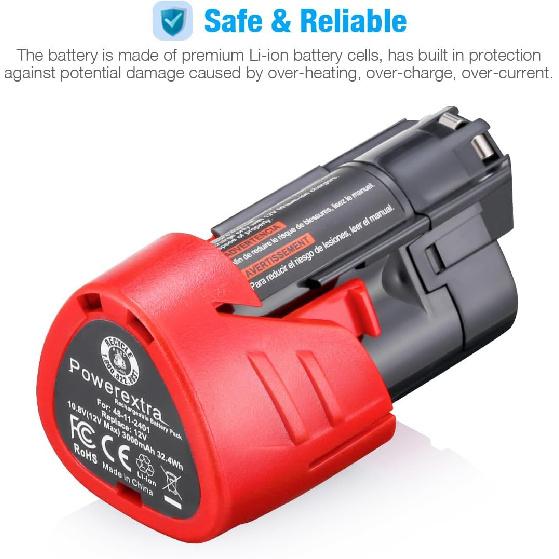 Powerextra 2 Pack 12V 3000mAh Lithium-ion Replacement Battery Compatible with Milwaukee M12 48-11-2411 48-11-2420 48-11-2401 48-11-2402 48-11-2401