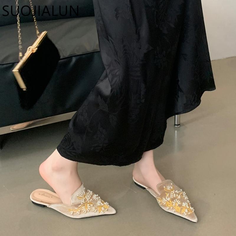 Fashion SUOJIALUN 2024 Autumn New Brand Women Slipper Fashion Pointed Toe Slip On Mules Shoes Soft Flat Heel Outdoor Dress Slides Shoes