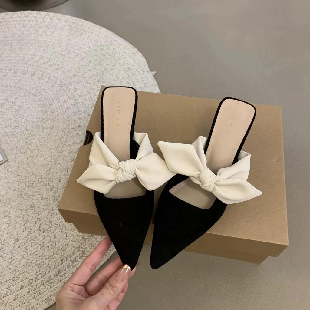 New Summer Women Pointed Toe High Heels Sandals Bowknot Flower Woman Shoes Slingback Woman Slippers