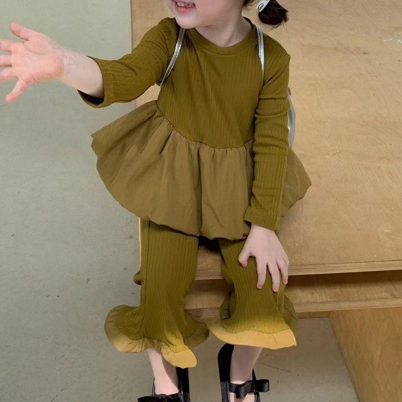 

Trendy Korean Style Girls 2024 Spring Autumn Two Piece Set For Kids With Long Sleeve Top And Flared Pants In Yellow Green And Black Yellow Green,100cm/39.37in