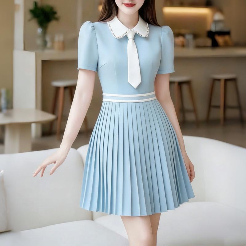 ZANZEA Women Splice Collar Casual Short Sleeve Elegant Pleated Dress S