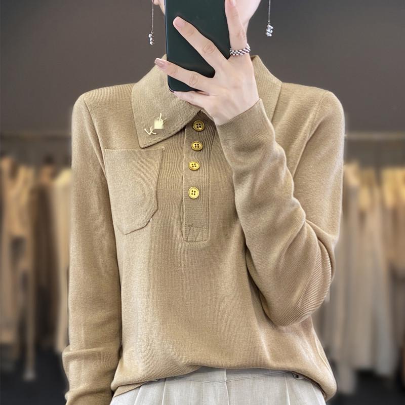 Women's Versatile Polo Collar Imitation Wool Knitwear for Autumn & Winter