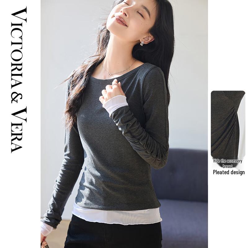 VICTORIA&VERA Women's Pleated Faux Two-Piece Long Sleeve Top