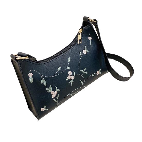 Floral Embroidered Underarm Bag Faux Leather Shoulder Bag Ladies Handbag Shoulder Purse for Party Street Work