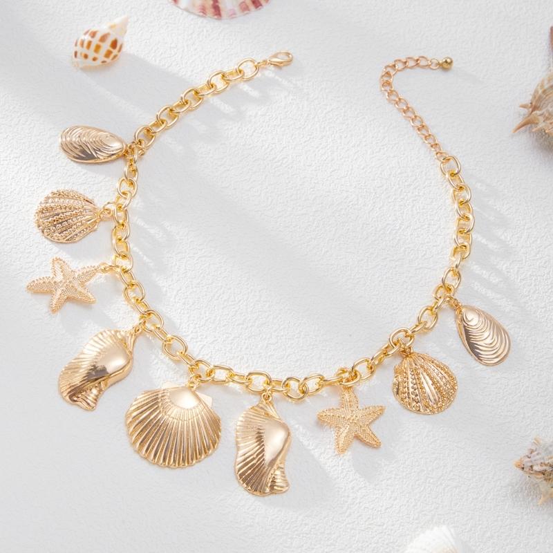 Vacation Style Layering Neck Chain Necklace with Marine Charm Shell Starfish Design Neckchain