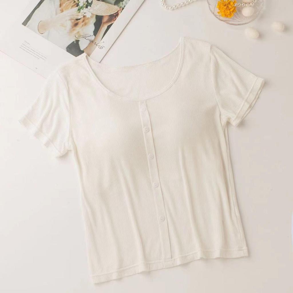 Modal Women's Short Sleeve Padded Top with Pajama-Style Back - Ribbed Base Layer for Inner or Outer Wear