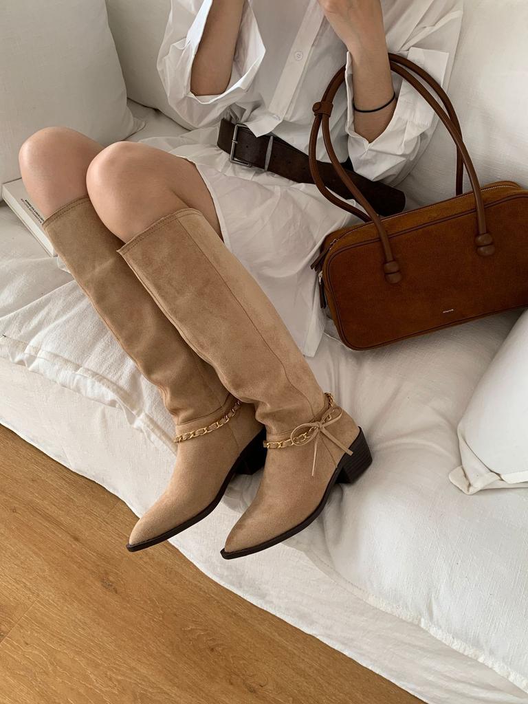 Fashion temperament elastic thin boots fashion short boots French retro suede pointed thin heels short boots women's new chain