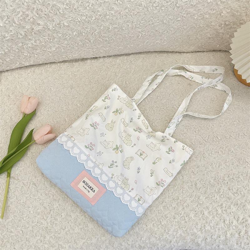 Cute Girl Print Splicing Bag New Tote Student Commuter Shoulder Bag Portable Canvas Bag