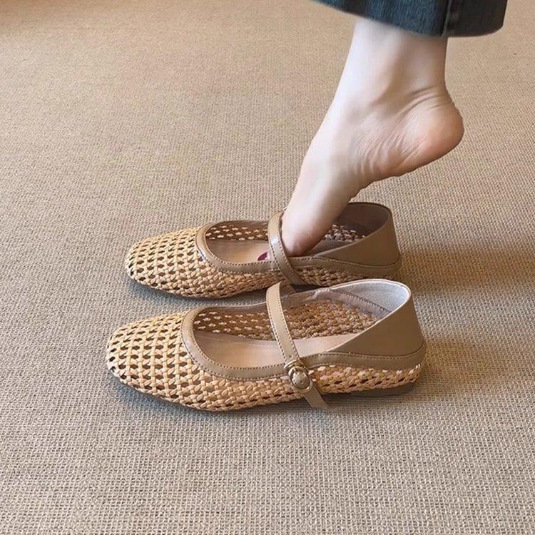 Soft Leather Version~ French Literary and Artistic Style Woven Hollowed-out Outer Wear Breathable Mary Jane Sandals Women's Word with Flat Shoes
