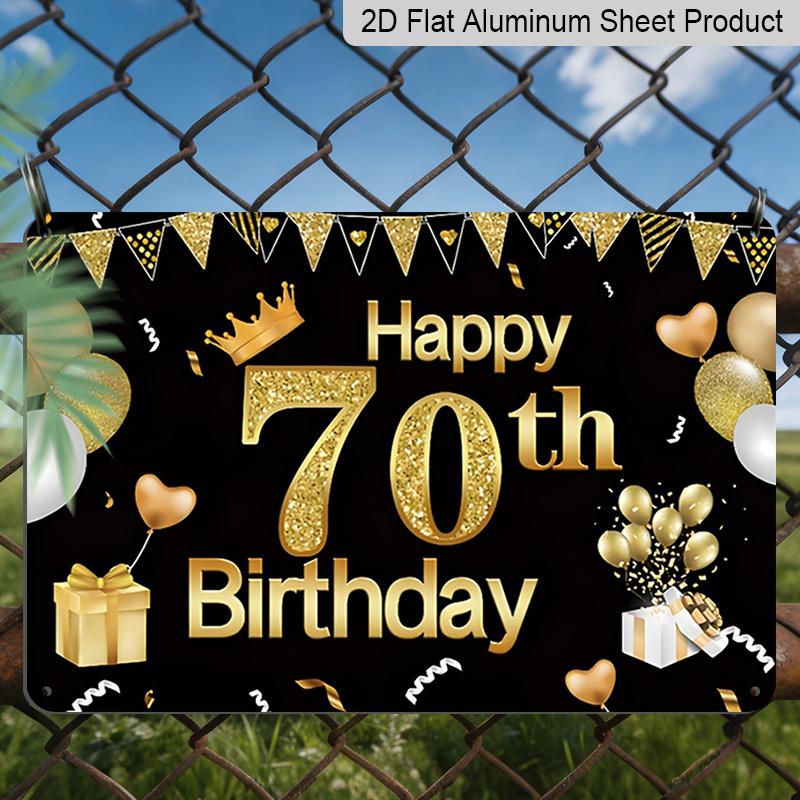 2D Flat, 1pc "Happy 70th Birthday" Black & Gold Plaque - 70th Birthday Decor Sign with Glitter Number & Balloons, Black & Gold - Aluminium Wall