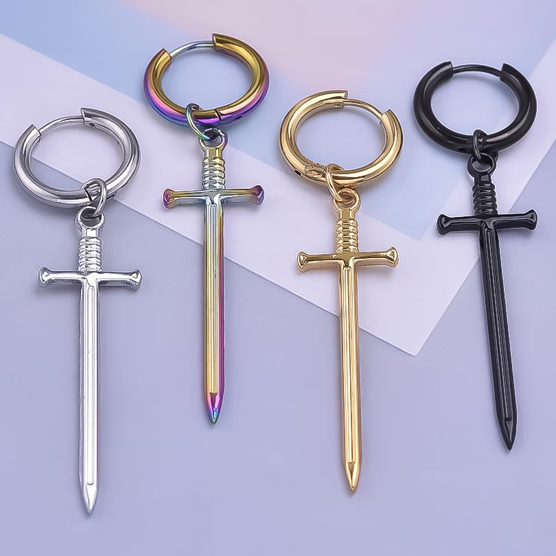 Goth Punk Black Long Sword Earrings For Women Men Accessories Stainless Steel Hoops Earring Dangle Tools Jewelry Piercing Arete