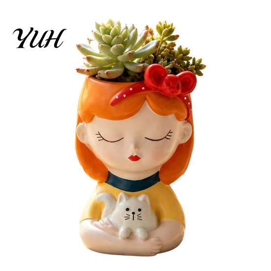 Decorative Resin Desktop Accessory Cute Head Planter, Succulent Little Girl Flower Pot, Human Flowerpot for Plants Face Cactus Container, Bonsai